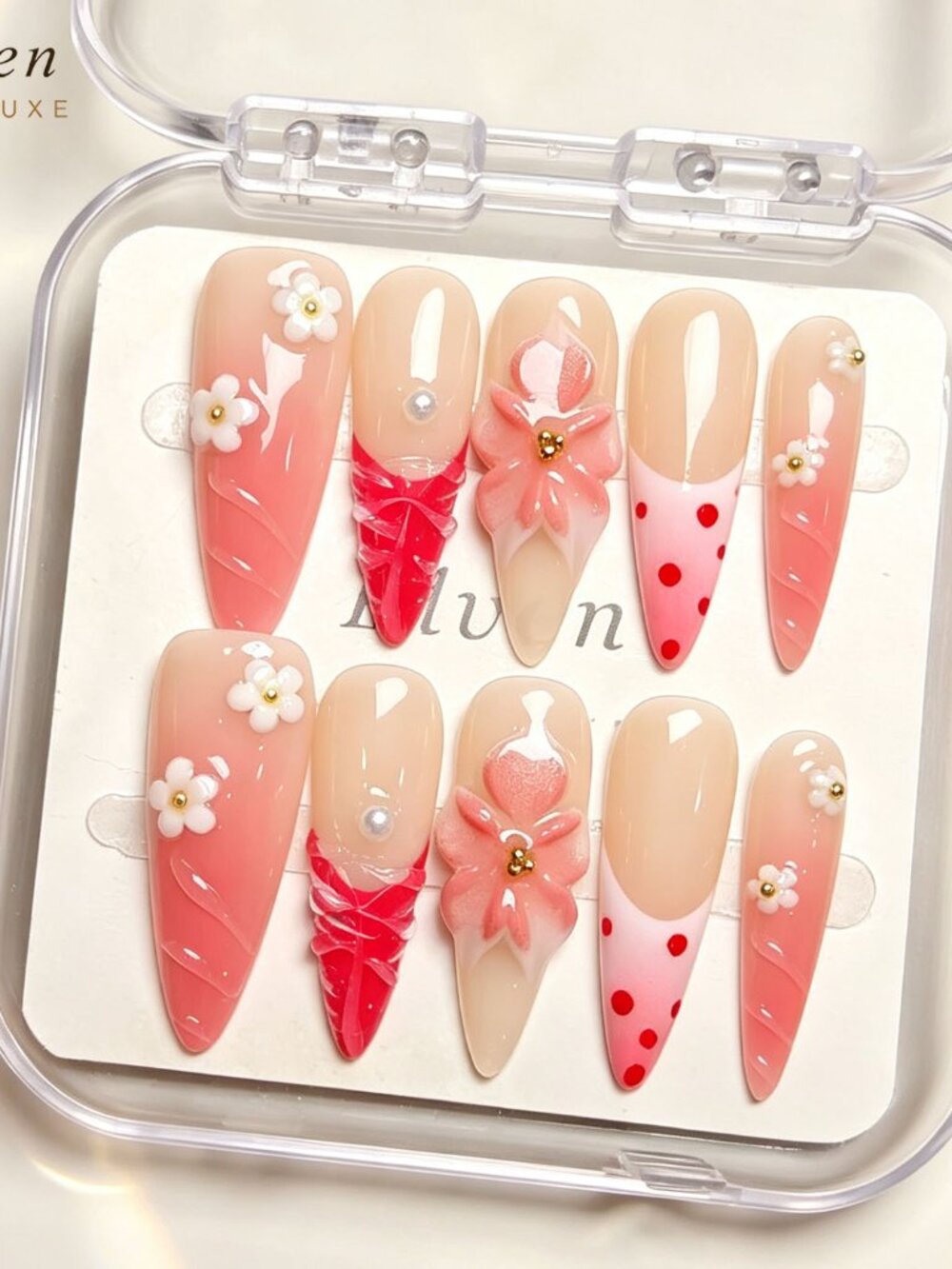 Gorgeous handmade 3D flower blossom press on nails long stiletto pink design